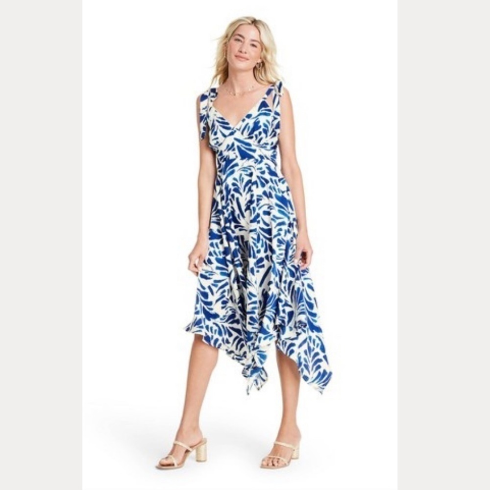 NWT ALEXIS for Target Botanical Blue Tie Strap Asymmetrical Hem Dress - Size XXS